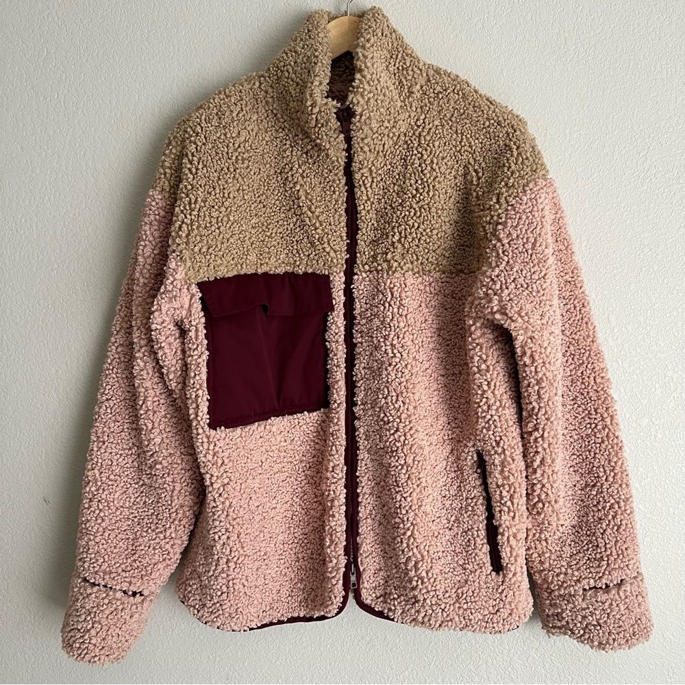 For Love And Lemons Women's Sherpa Full Zip Colorblock Jacket Medium Pink Beige